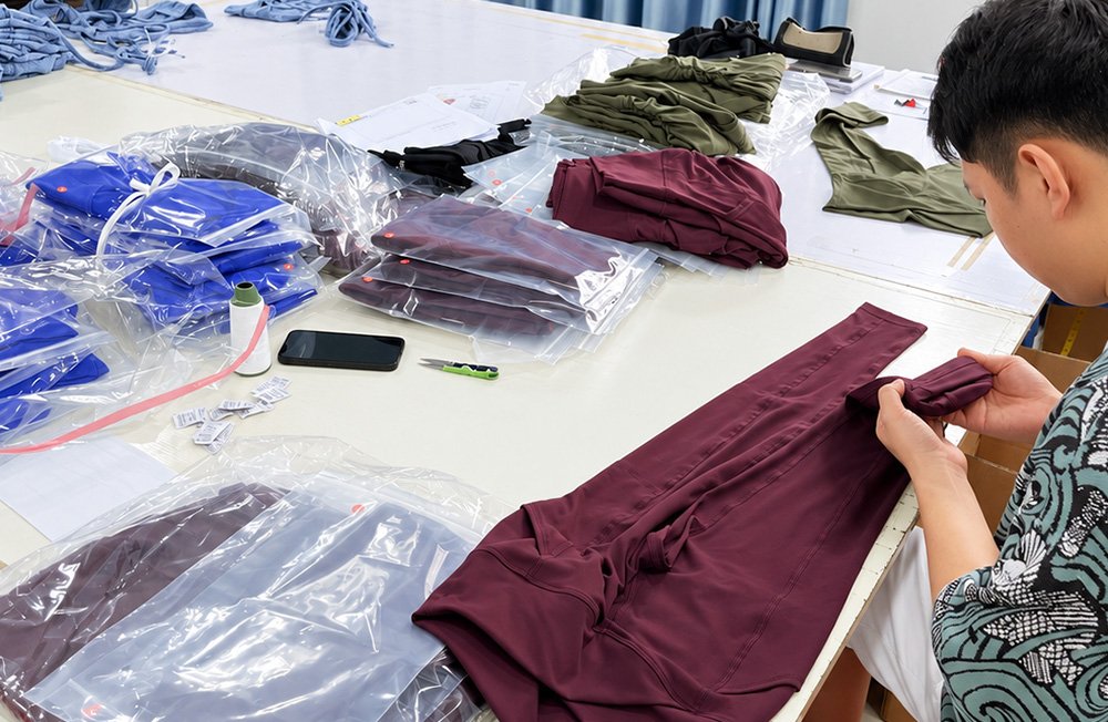 Activewear garments undergoing a final quality check