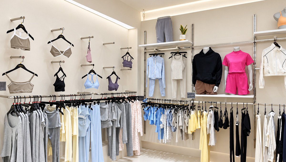 Activewear showroom with bras, tops and leggings