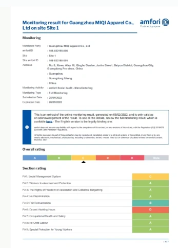 amfori BSCI social compliance monitoring result preview for Guangzhou MIQI Apparel