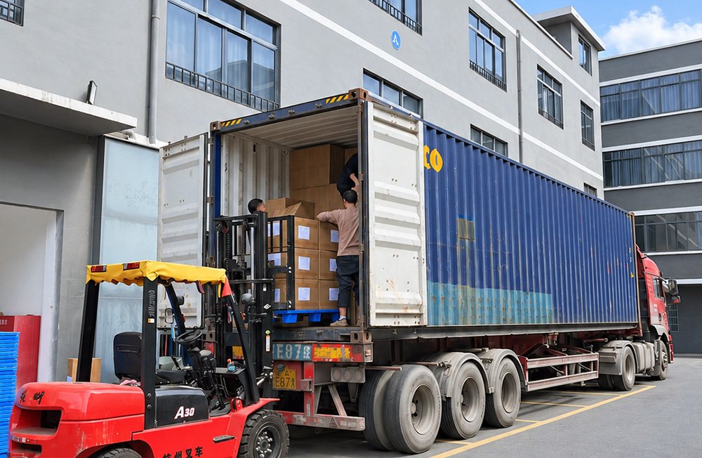 Finished activewear cartons prepared for shipment