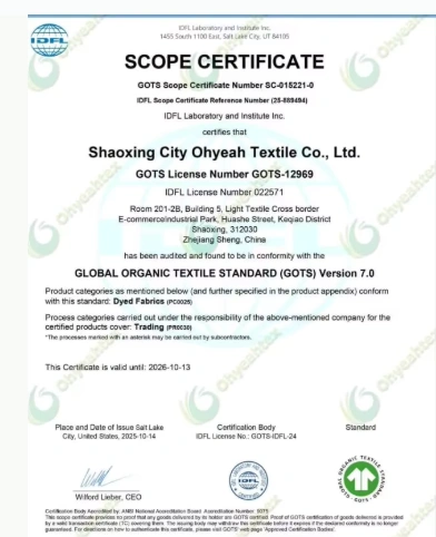 GOTS scope certificate preview for a selected textile material supplier