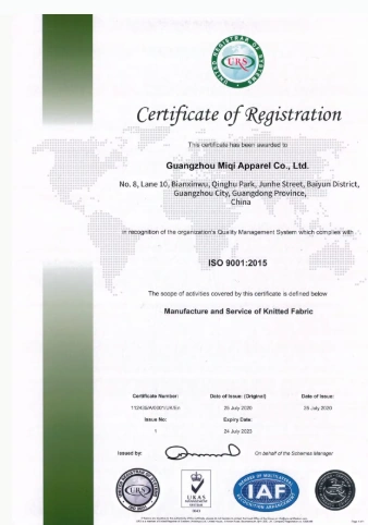 ISO 9001 quality management certificate preview for Guangzhou MIQI Apparel