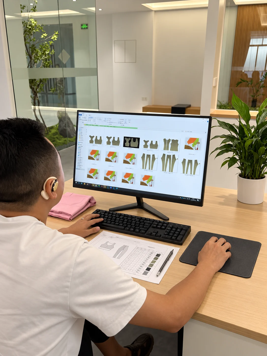 MIQI designer reviewing activewear artwork and placement files