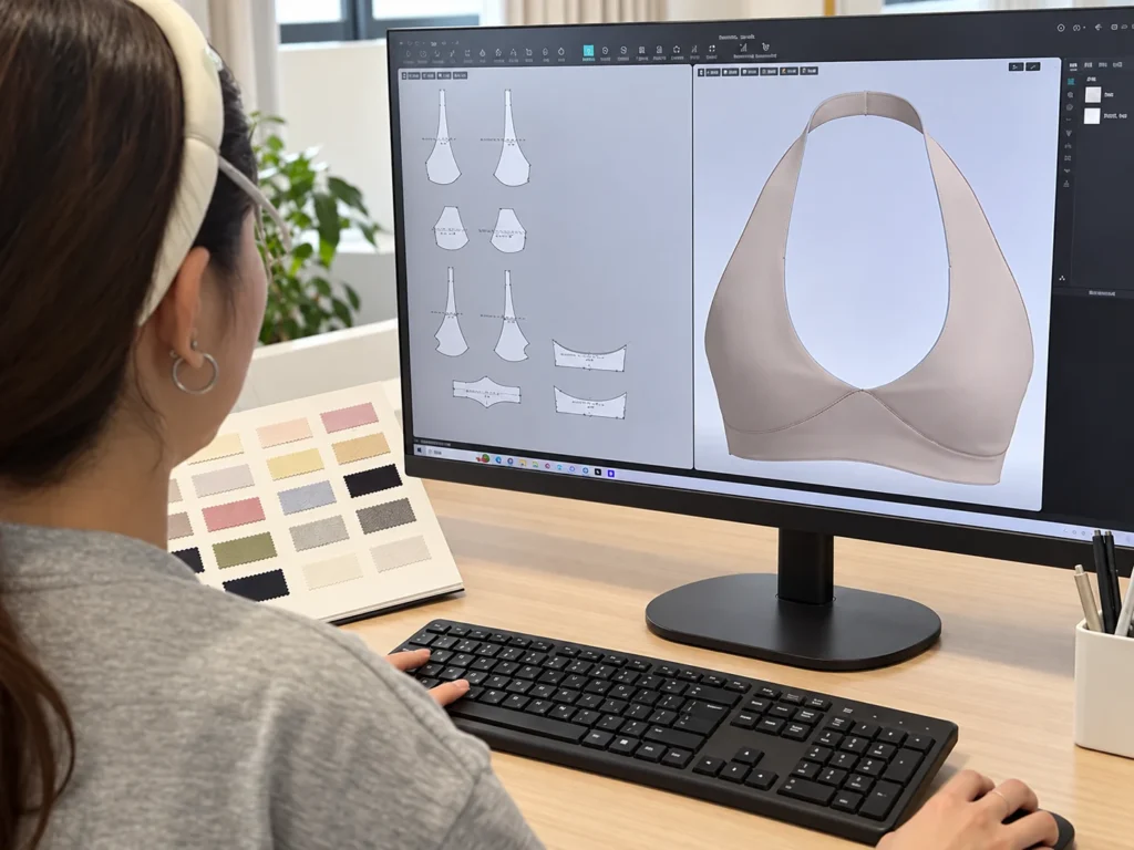 MIQI product developer reviewing a 3D activewear design