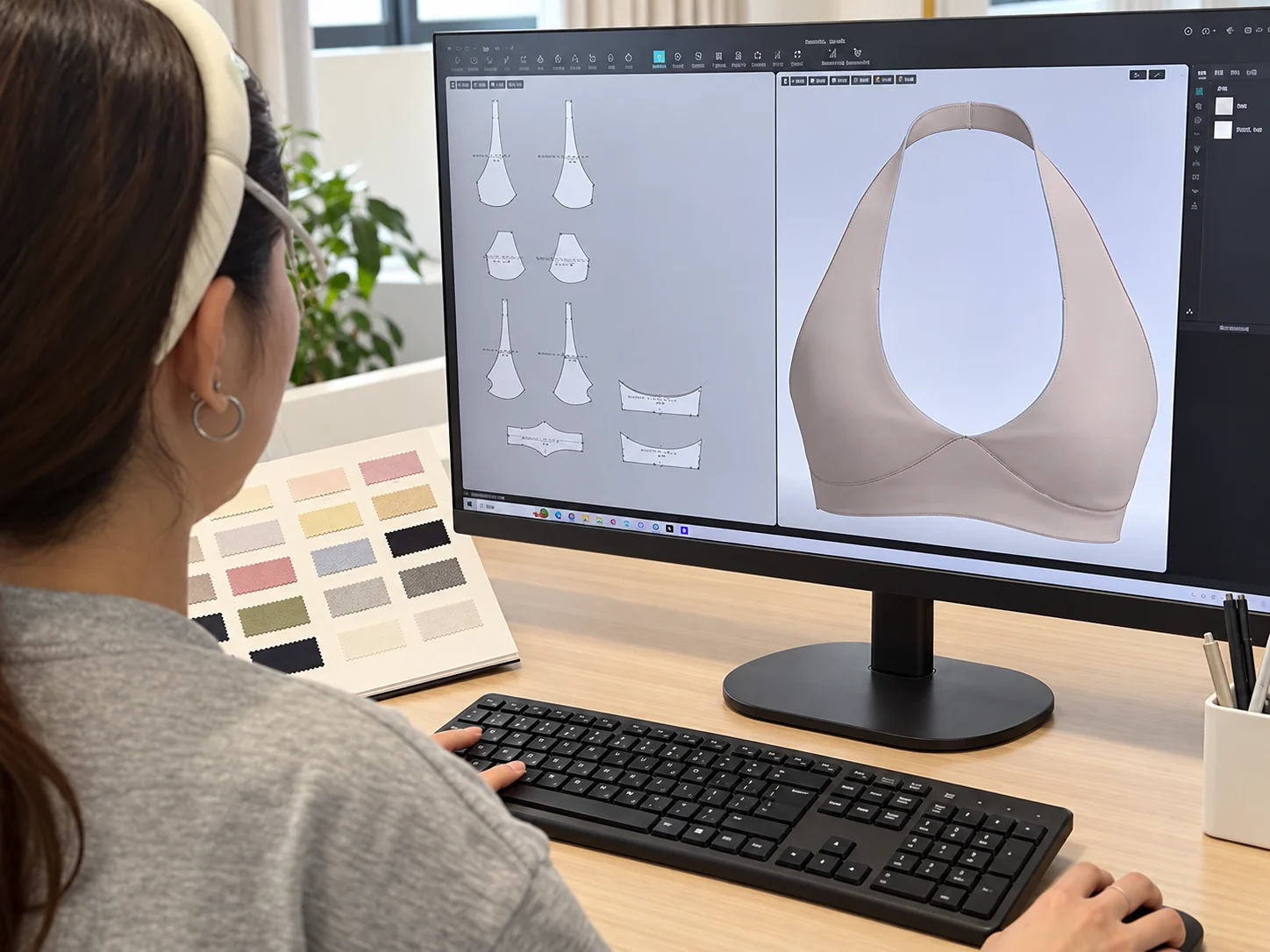 MIQI product developer reviewing a 3D activewear design