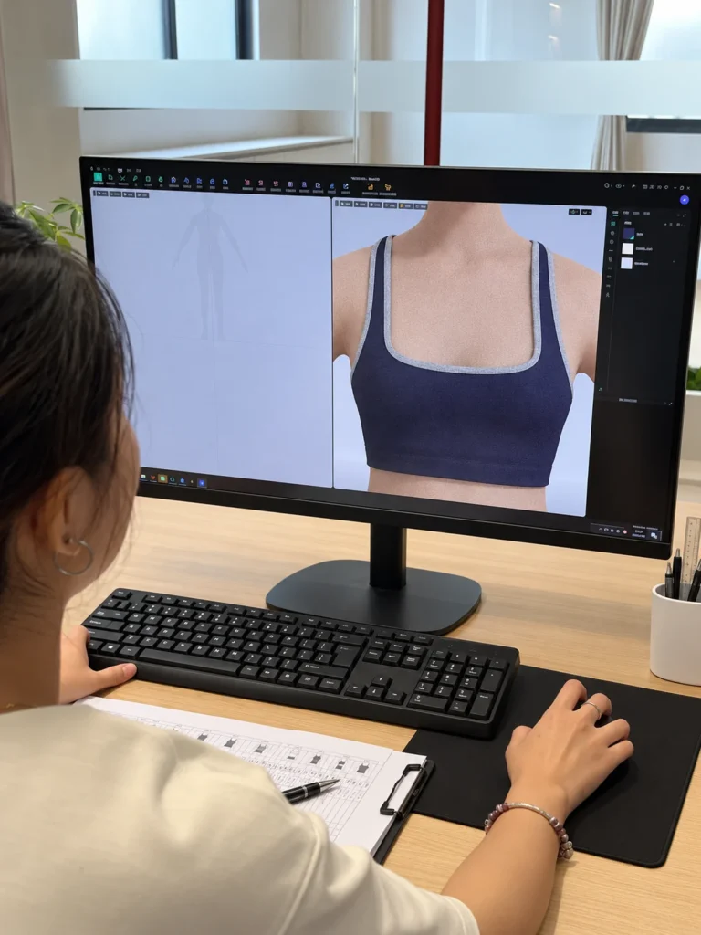 MIQI product developer reviewing a 3D sports-bra design