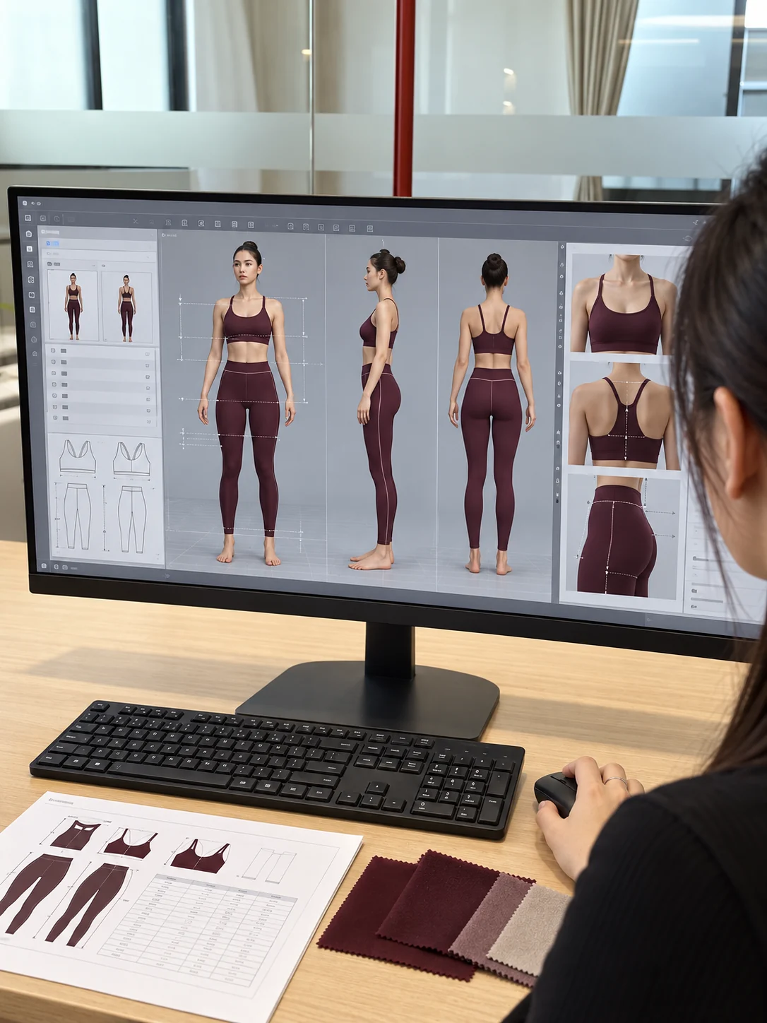 MIQI product specialist reviewing activewear sample and fit references