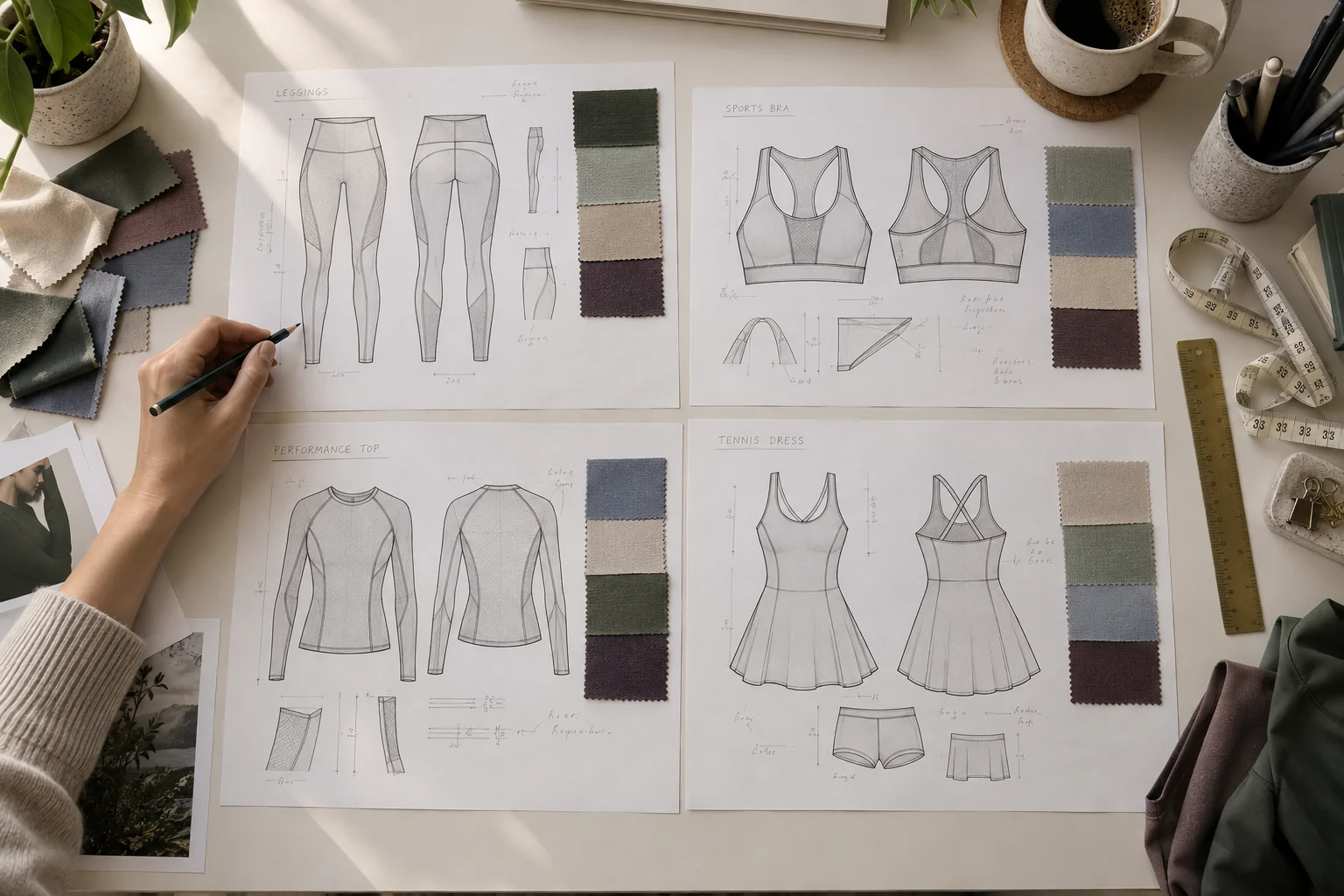 Representative activewear development board with technical flat sketches for leggings, a sports bra, a performance top and a tennis dress
